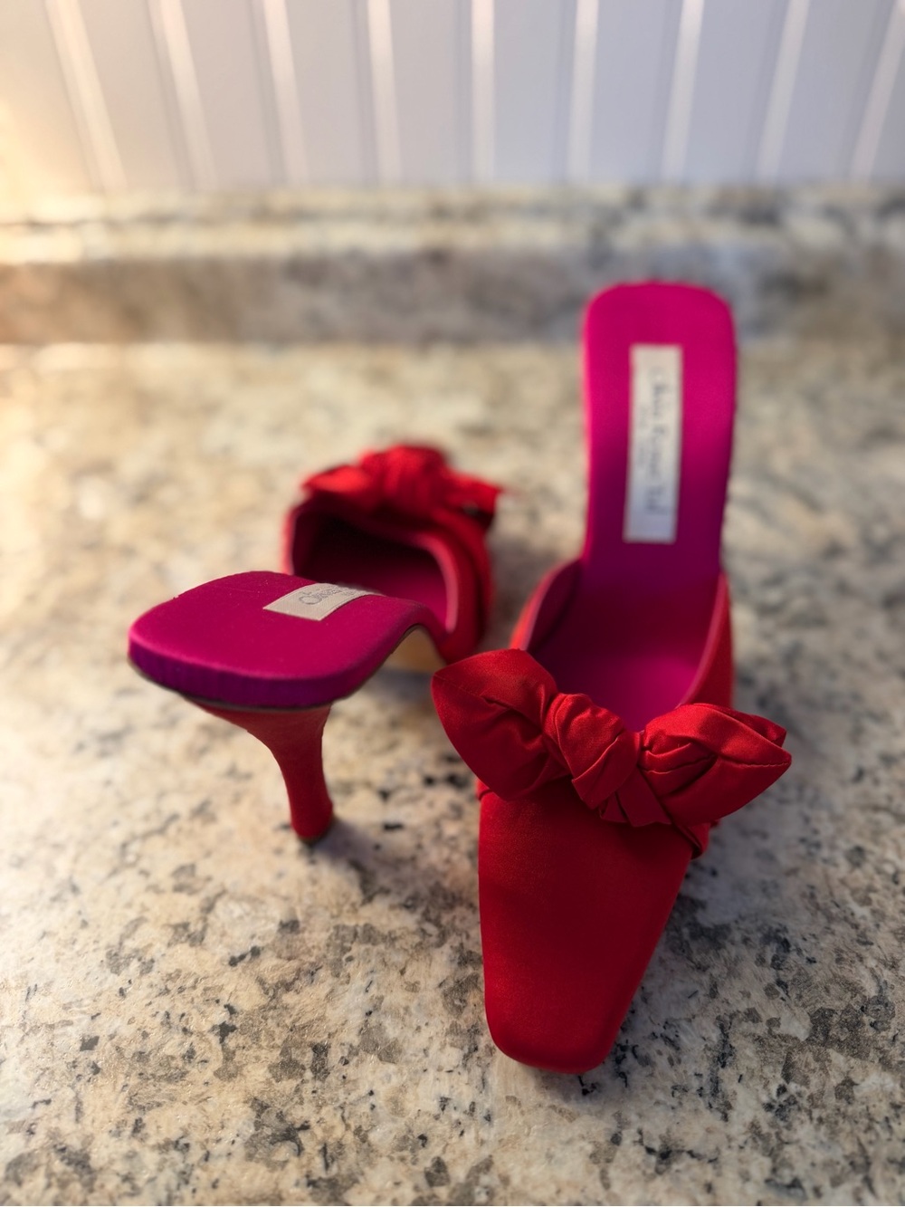 Olivia Rose Tal Red Satin Knot-Front Slip-On Pointed Toe Mules Red Pink